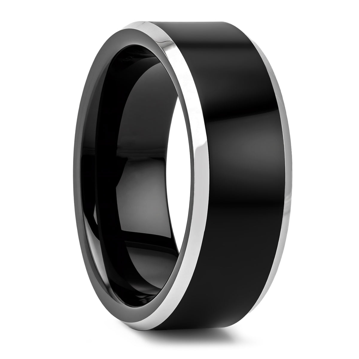Black Tungsten Women's Wedding Band with Contrasting Silver Edges