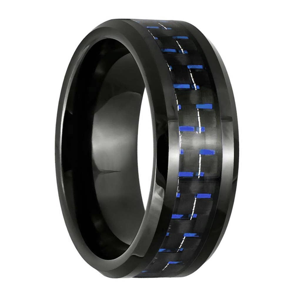 Alliance pour homme en tungstène noir incrusté de fibre de carbone rouge