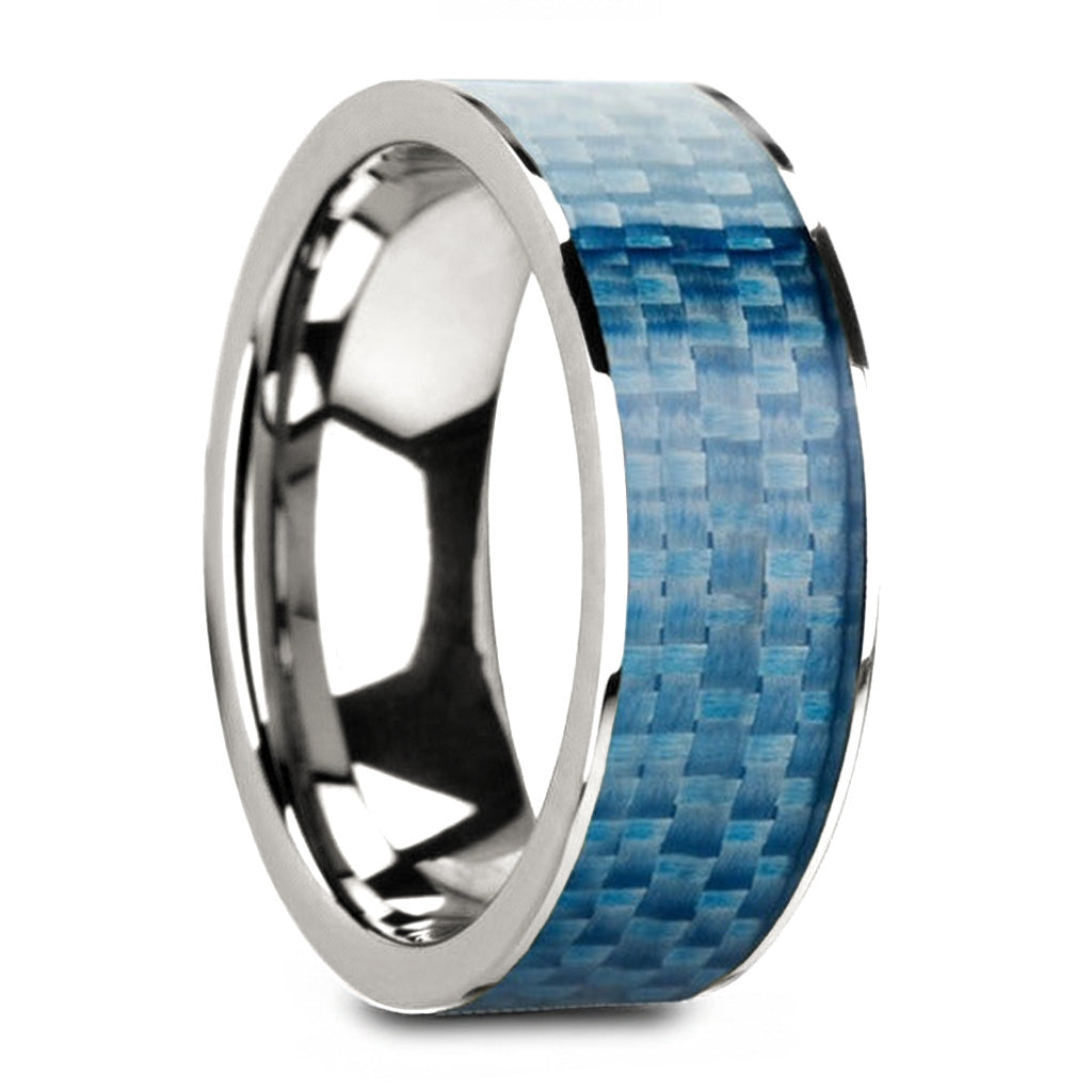 Alianza de boda para hombre de oro amarillo de 14 k con incrustaciones de fibra de carbono azul