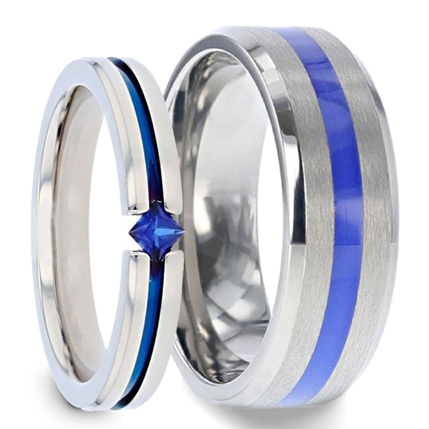 Blue Stripe Couple's Matching Titanium Wedding Band Set