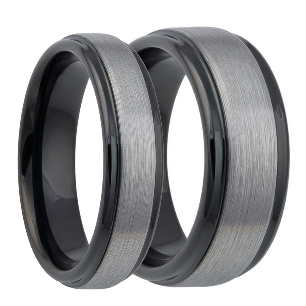 Juego de alianzas de boda a juego para parejas de cerámica negra con incrustaciones de tungsteno y crisothemis