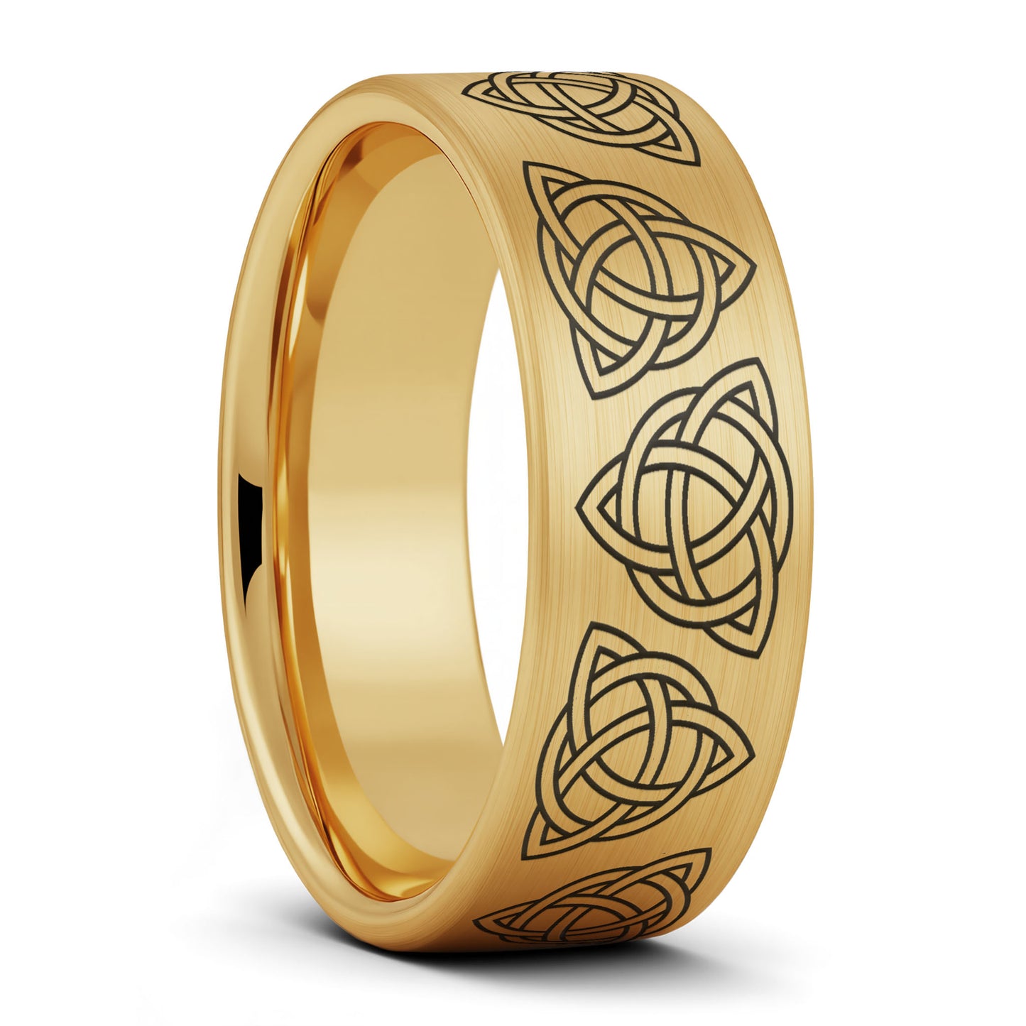 A celtic trinity knot brushed gold tungsten men's wedding band displayed on a plain white background.