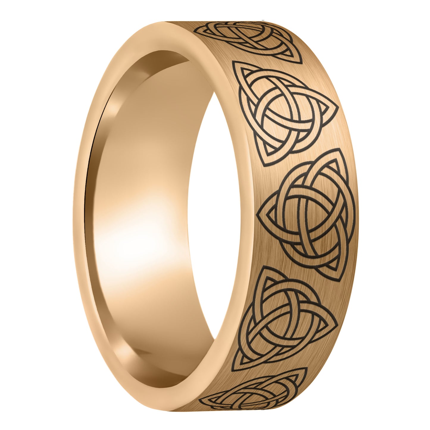 A celtic trinity knot brushed rose gold tungsten men's wedding band displayed on a plain white background.