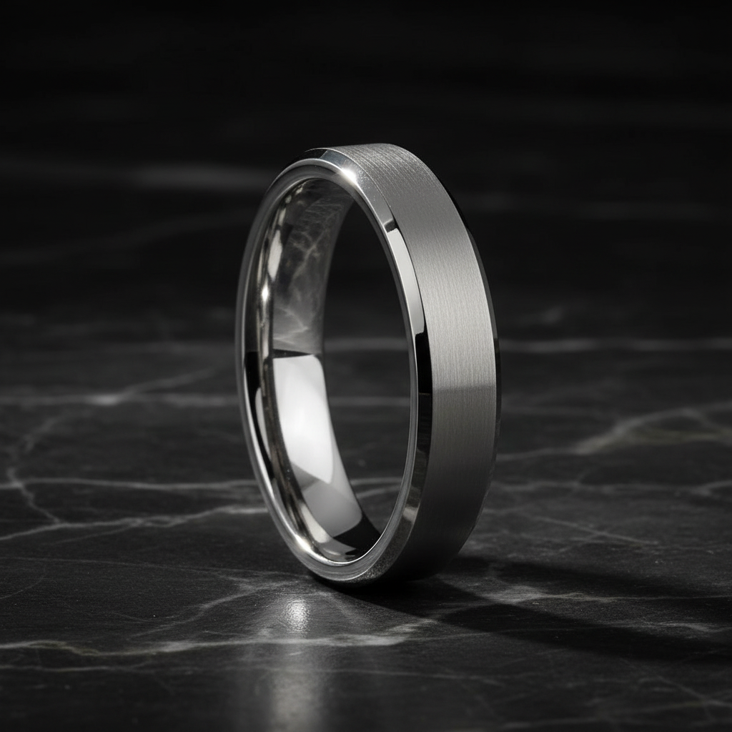 Silver ring on a dark marble surface