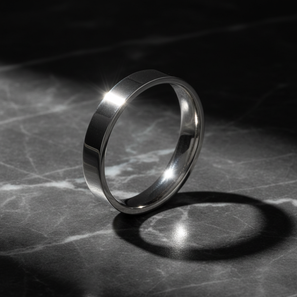 Silver ring on a marble surface with a dark background