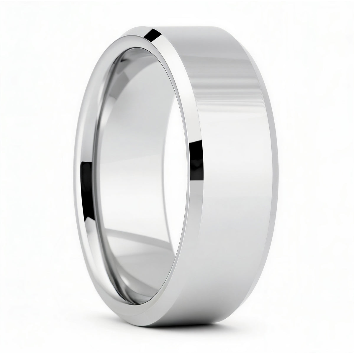 Silver ring with a polished finish on a white background