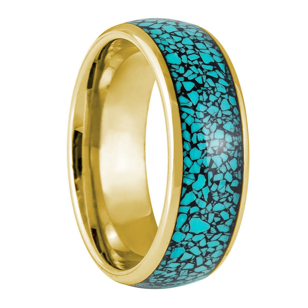 Crushed Turquoise Inlaid Gold Tungsten Men's Wedding Band