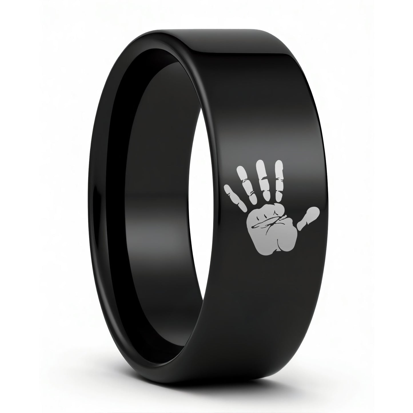 One Custom Handprint Black Tungsten Men's Wedding Band displayed on a plain white background