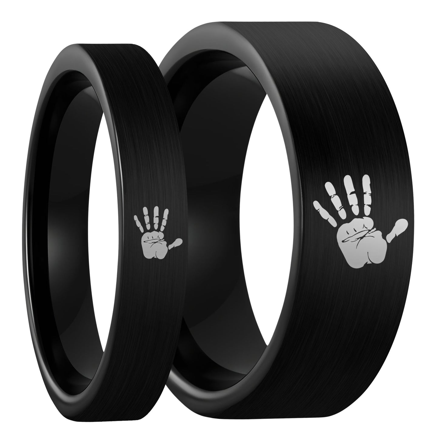 Custom Handprint Brushed Black Tungsten Couple's Matching Ring Set