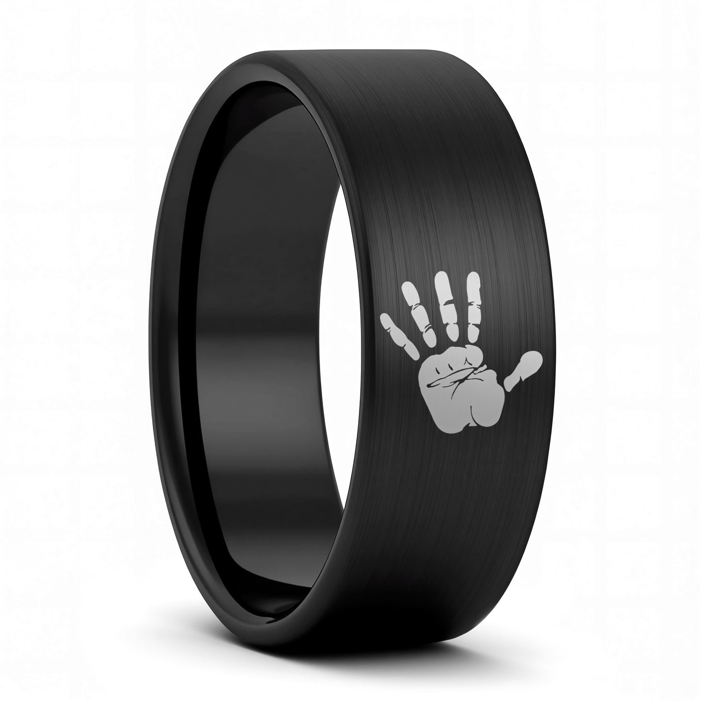 A custom handprint brushed black tungsten men's wedding band displayed on a plain white background.