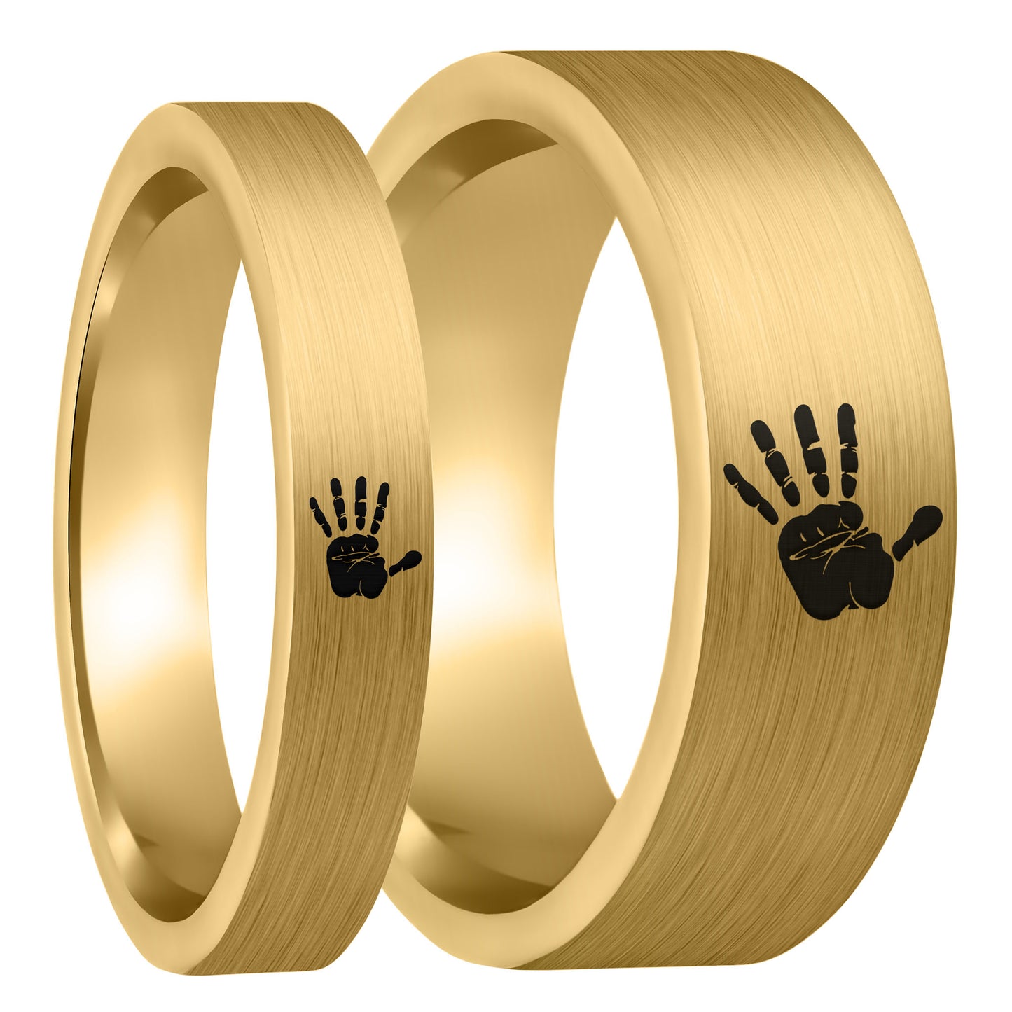 Custom Handprint Brushed Gold Tungsten Couple's Matching Ring Set
