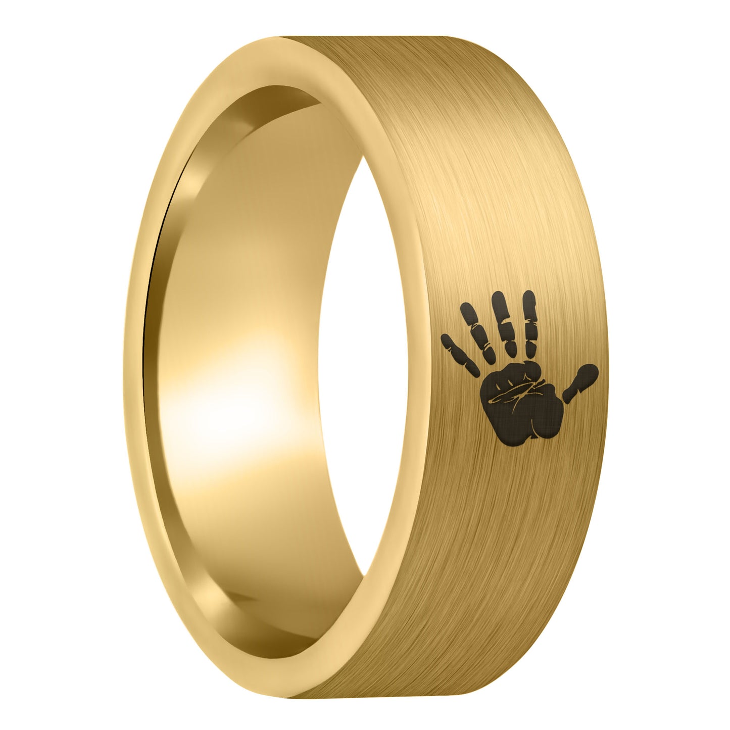 A custom handprint brushed gold tungsten men's wedding band displayed on a plain white background.