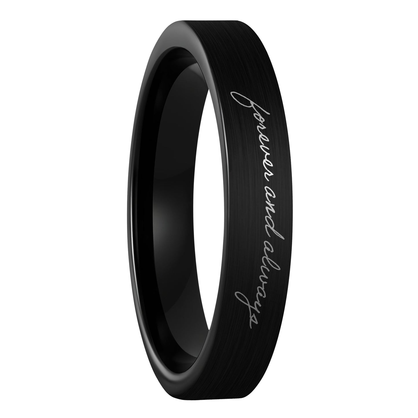 A custom handwriting brushed black tungsten women's wedding band displayed on a plain white background.