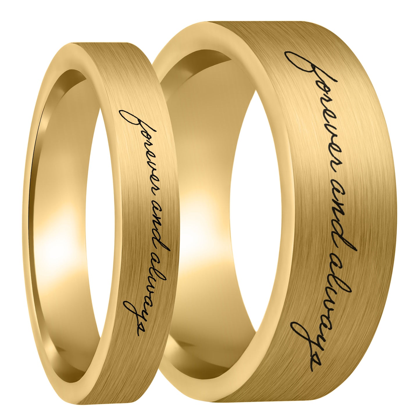 Custom Handwriting Brushed Gold Tungsten Couple's Matching Ring Set