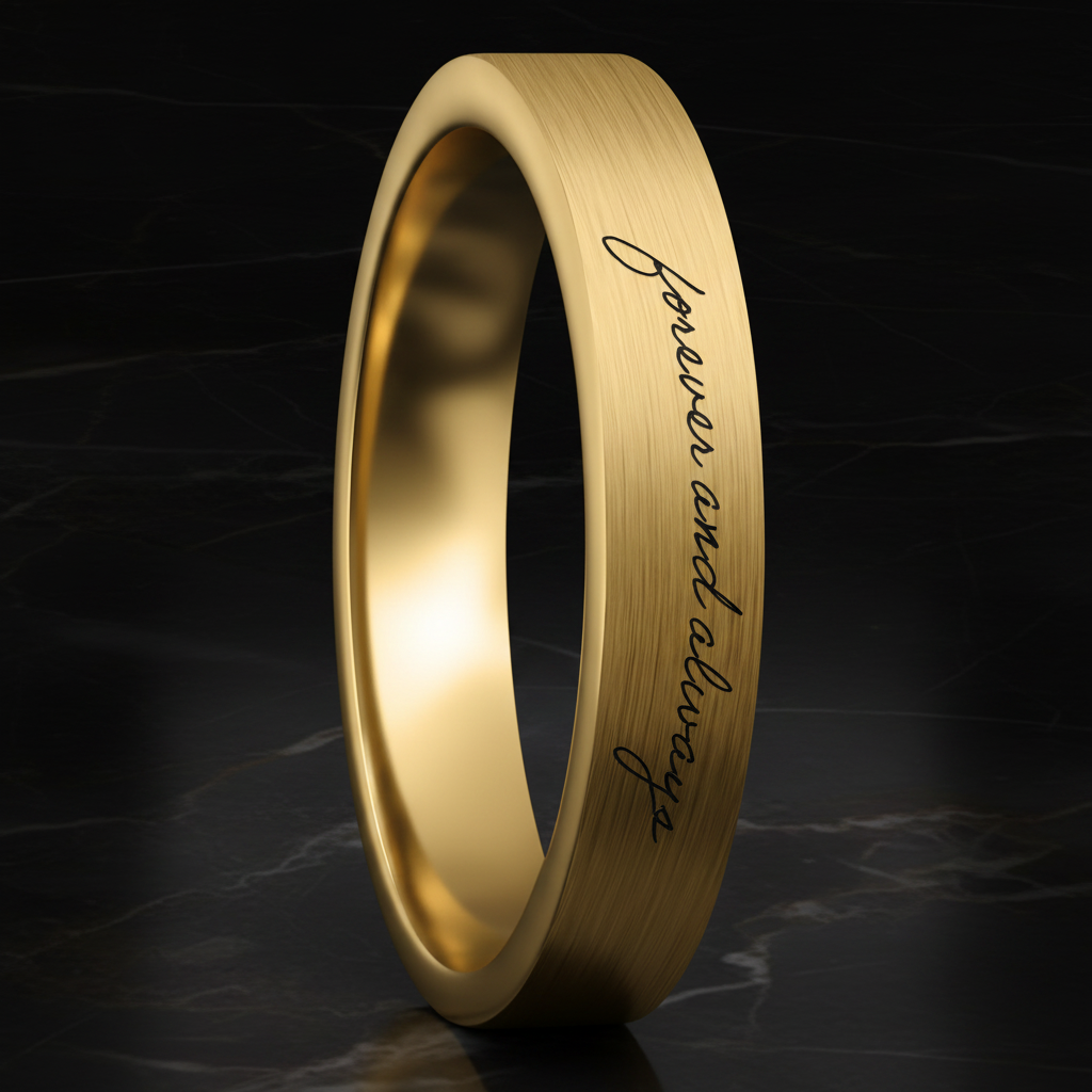 Gold ring with 'forever and always' engraving on a dark background