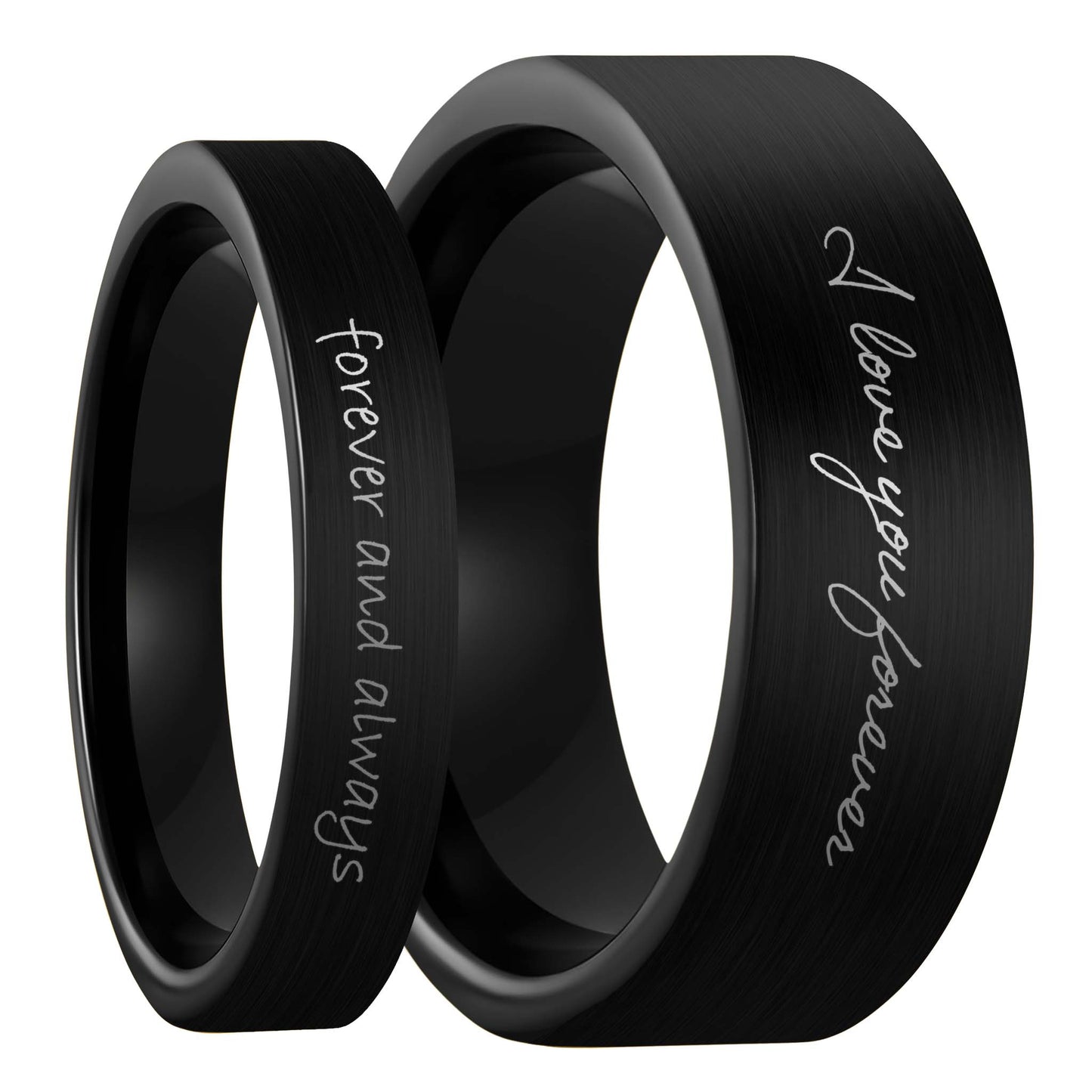 Custom Handwriting Engraved Brushed Black Tungsten Couple's Matching Ring Set