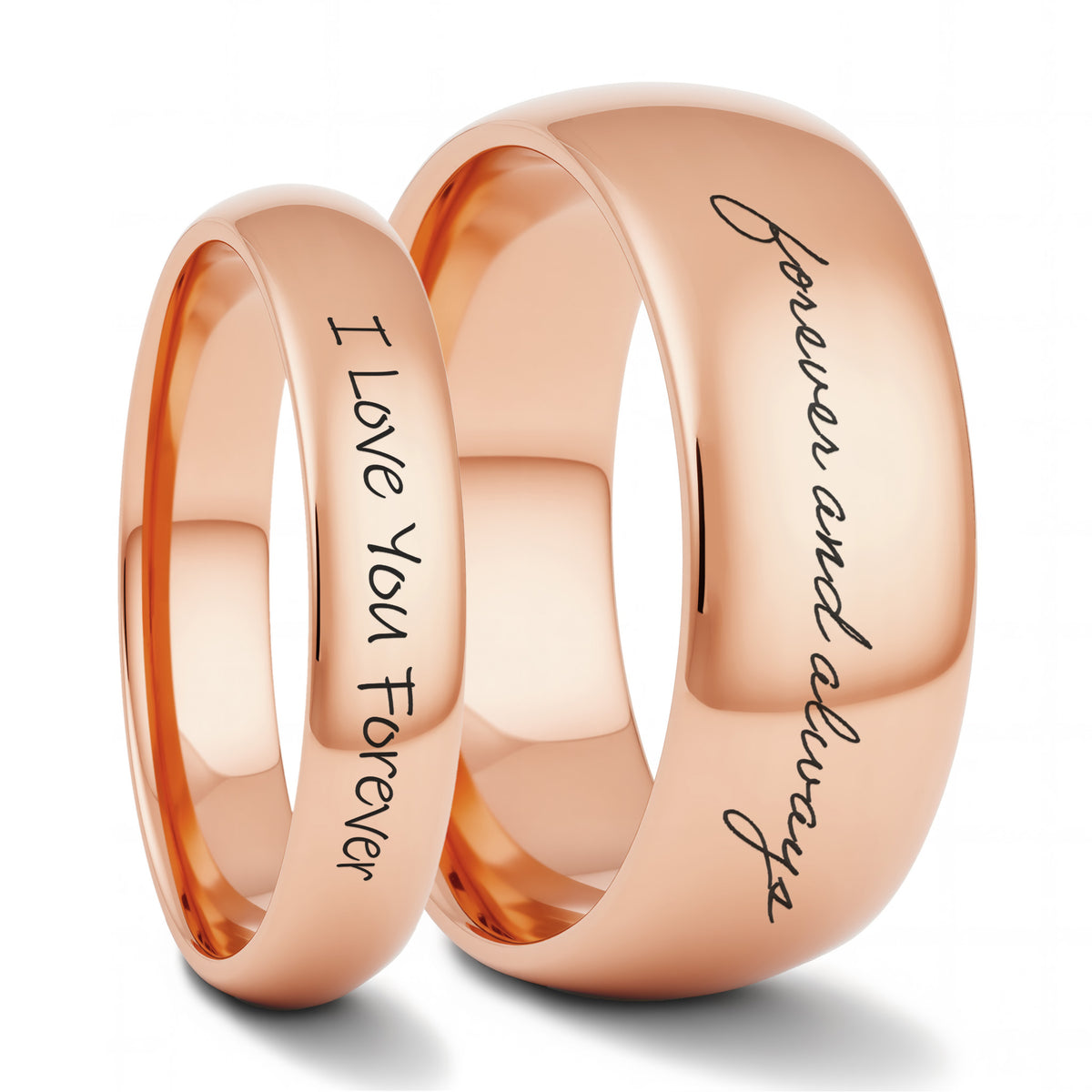 Custom Handwriting Engraved Domed Tungsten Couple's Matching Ring Set