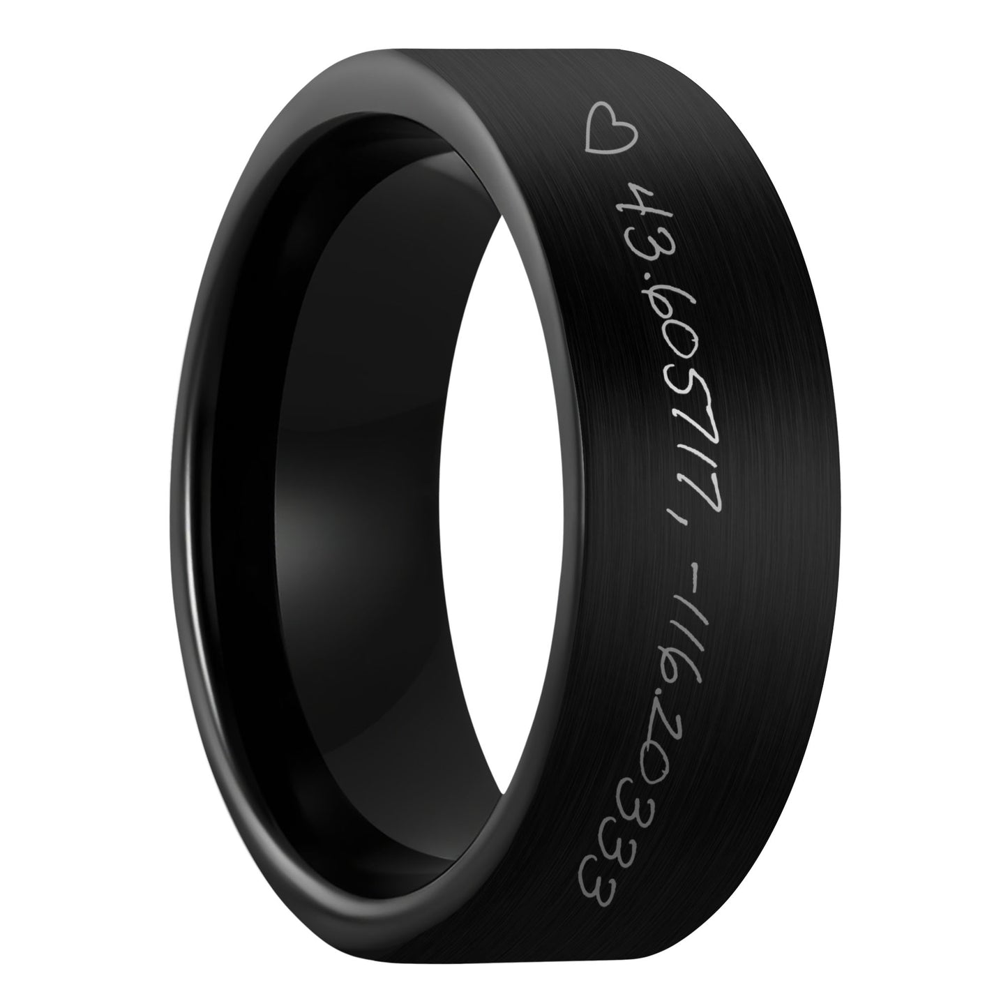 A custom handwritten coordinates brushed black tungsten men's wedding band displayed on a plain white background.