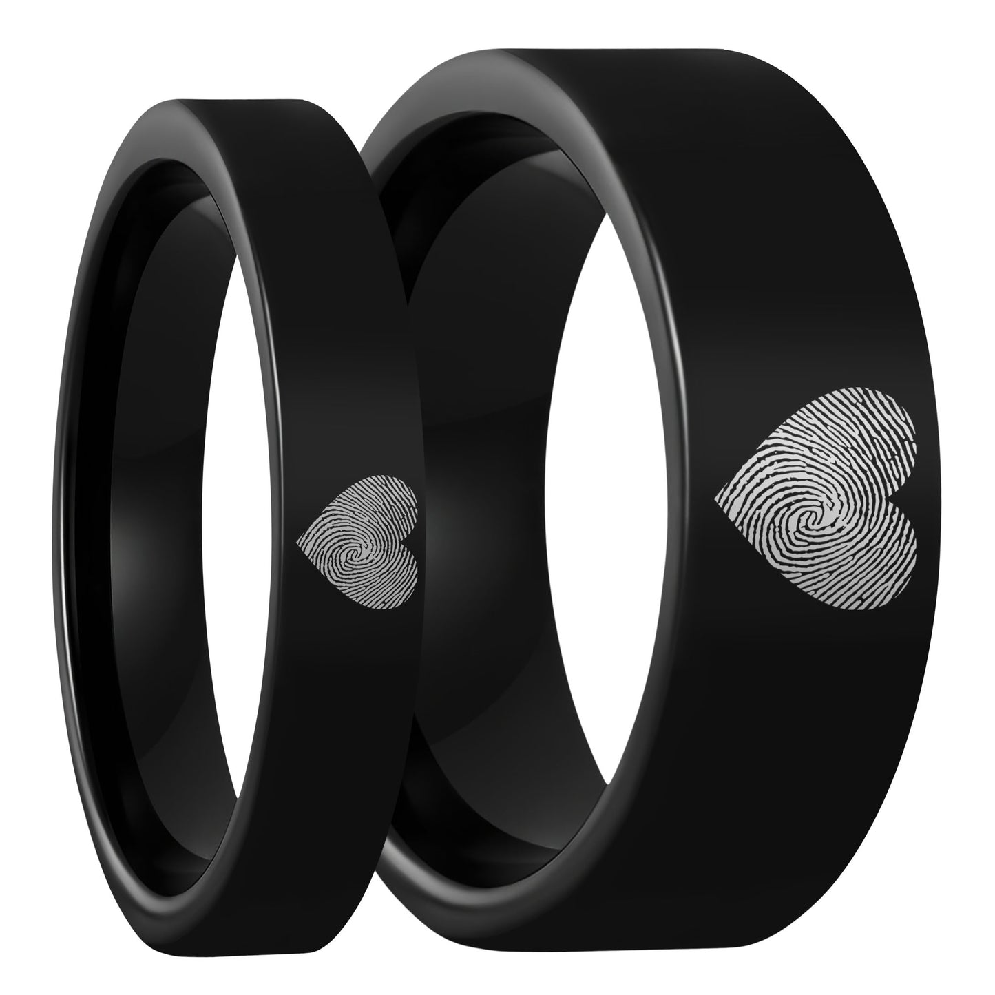 Custom Heart Fingerprint Black Tungsten Couple's Matching Ring Set