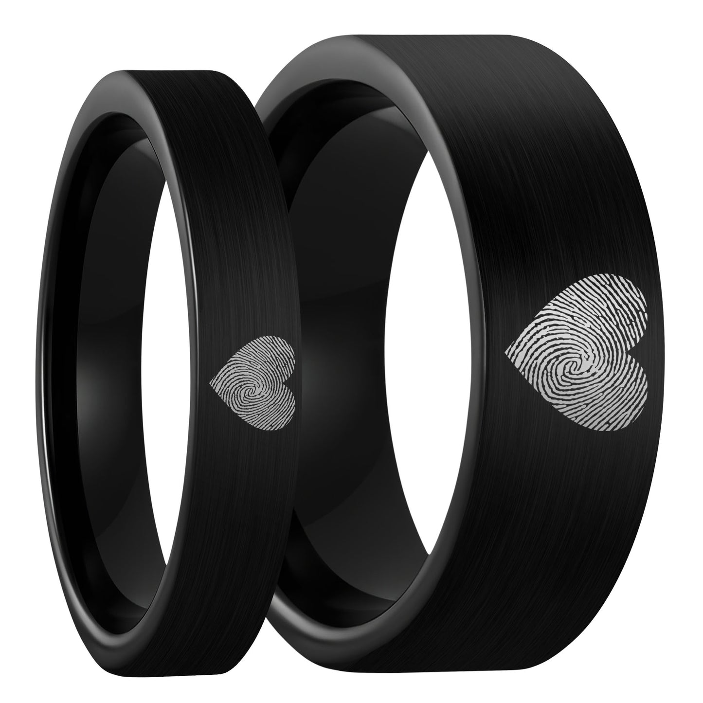 Custom Heart Fingerprint Brushed Black Tungsten Couple's Matching Ring Set