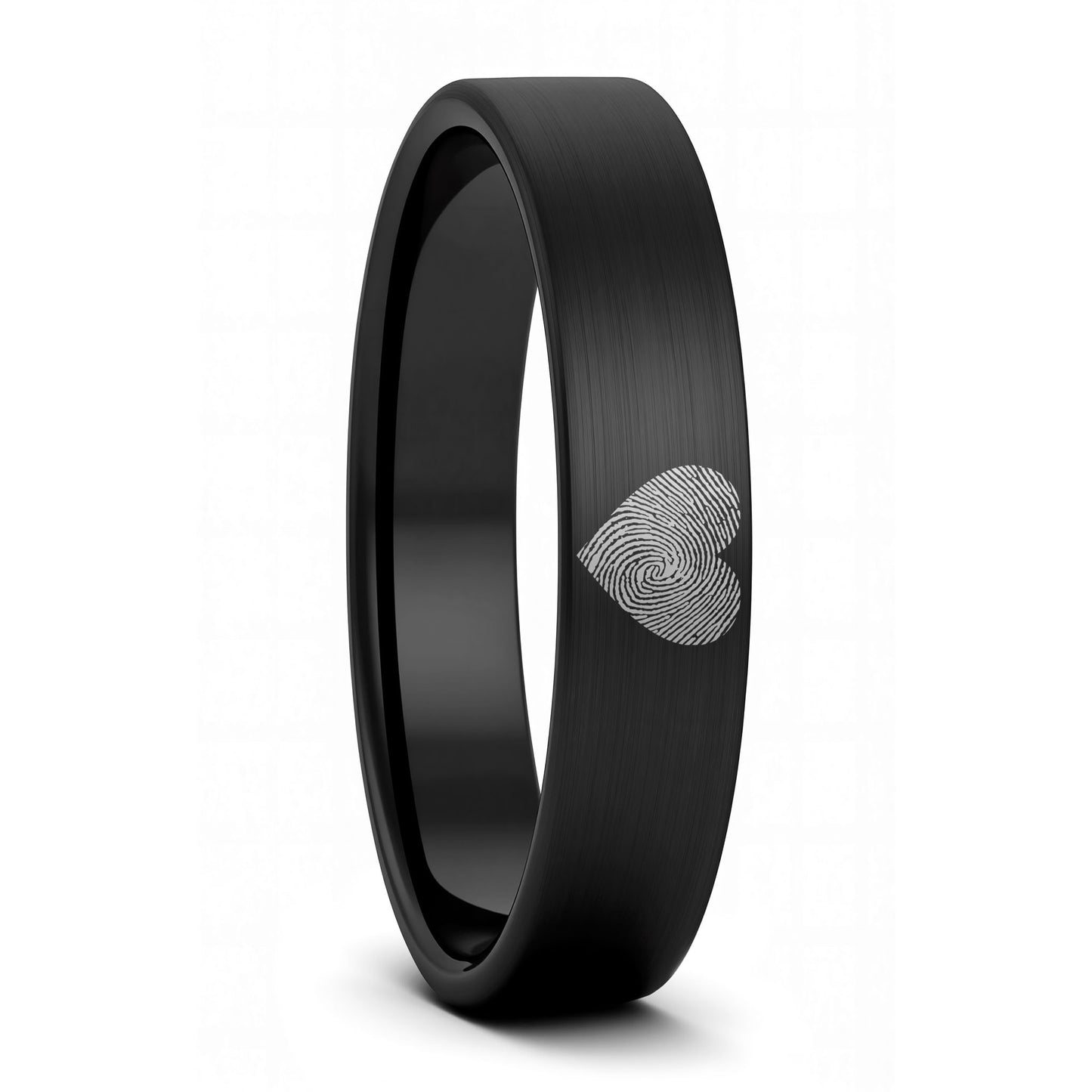 A custom heart fingerprint brushed black tungsten women's wedding band displayed on a plain white background.