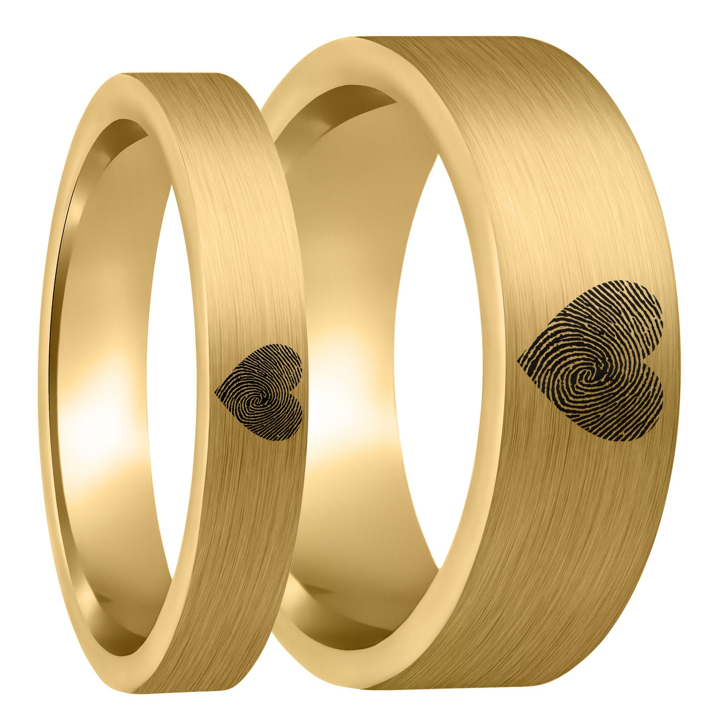 Custom Heart Fingerprint Brushed Gold Tungsten Couple's Matching Ring Set