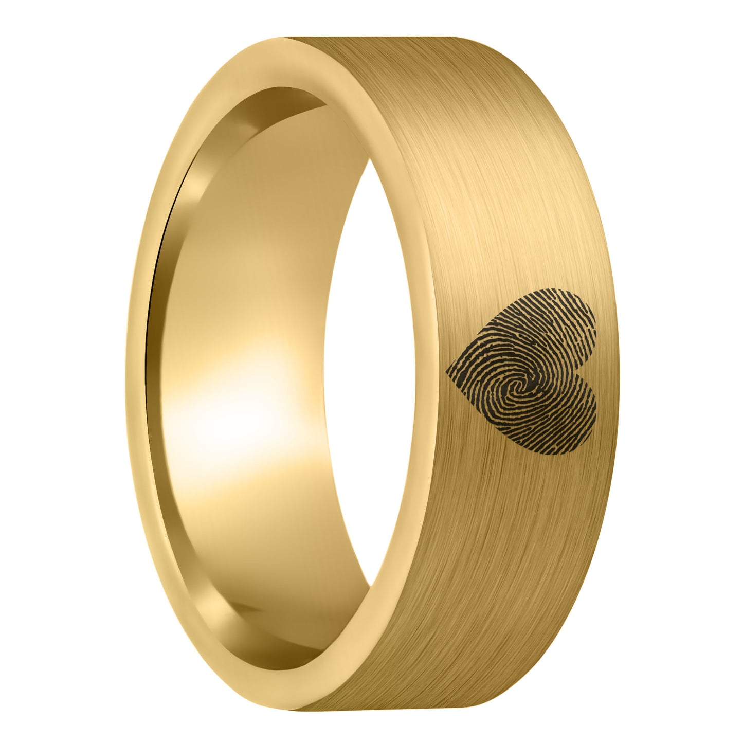 A custom heart fingerprint brushed gold tungsten men's wedding band displayed on a plain white background.