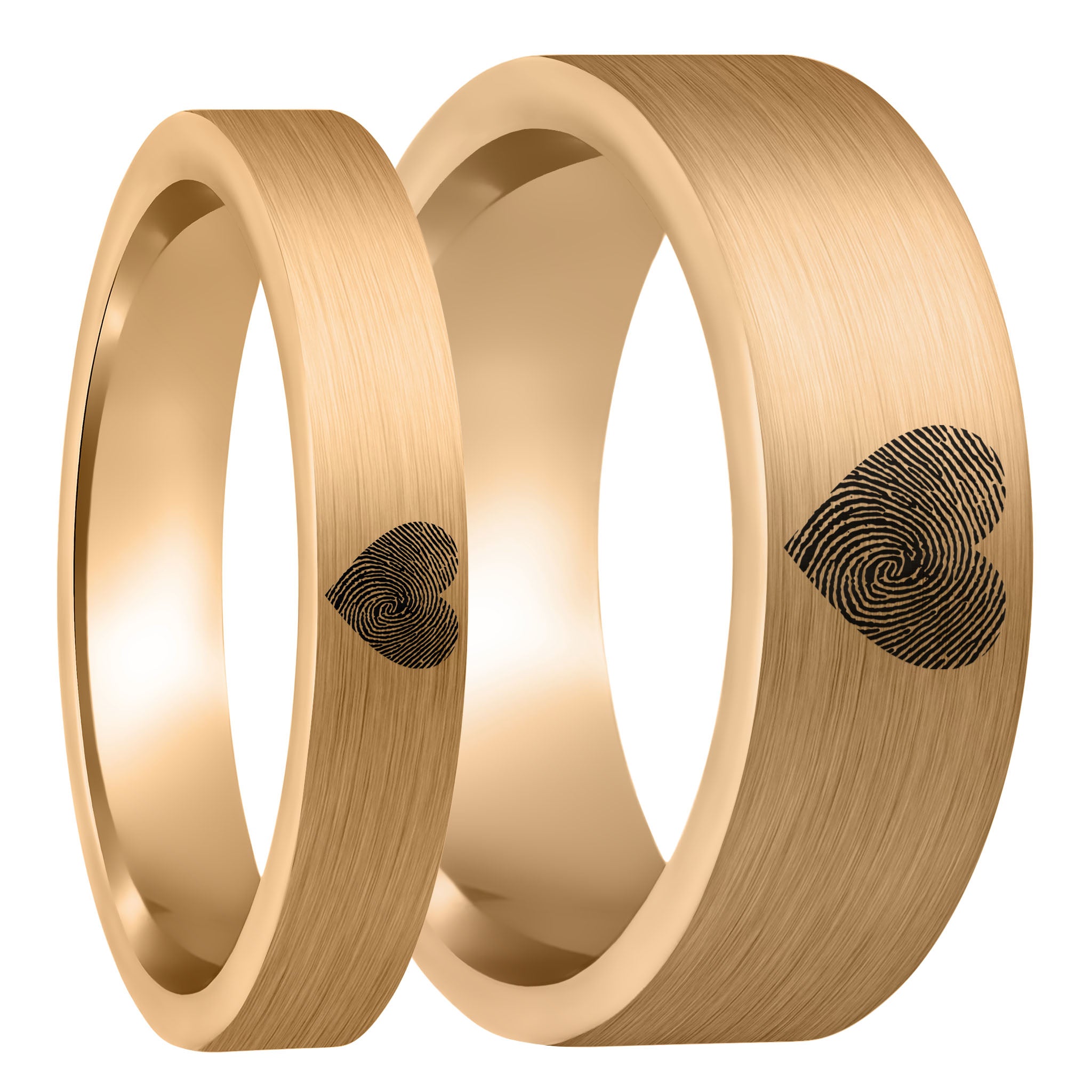 Custom Heart Fingerprint Brushed Rose Gold Tungsten Couple's