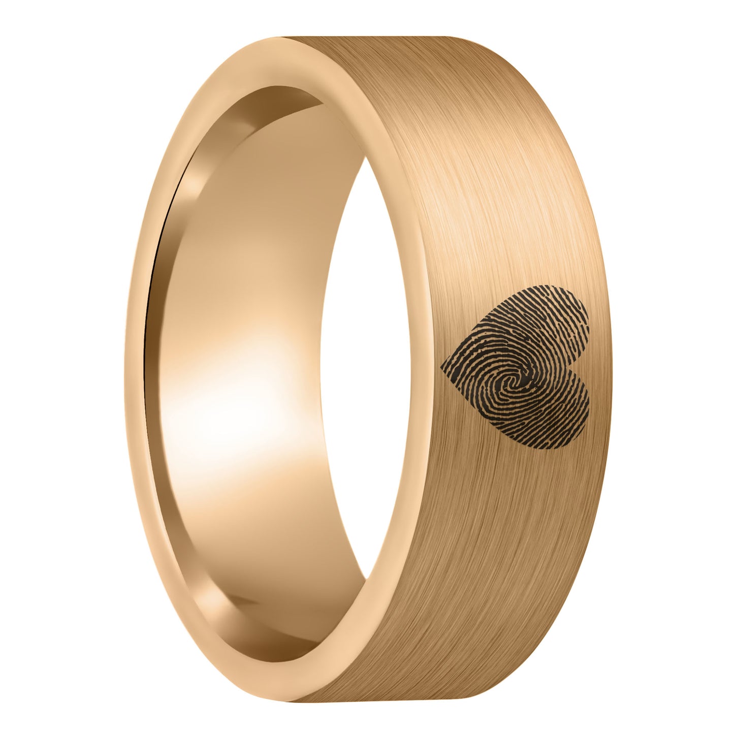 A custom heart fingerprint brushed rose gold tungsten men's wedding band displayed on a plain white background.