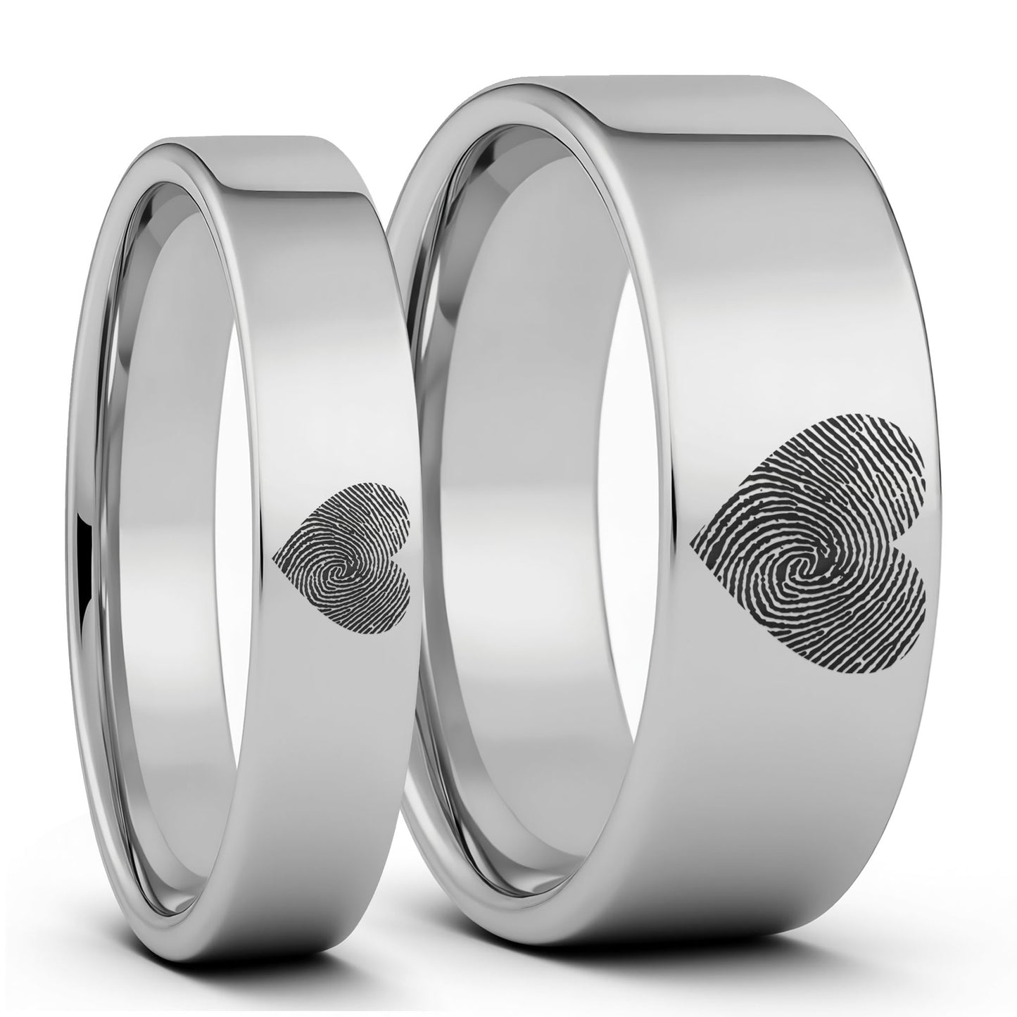 Custom Heart Fingerprint Tungsten Couple's Matching Ring Set