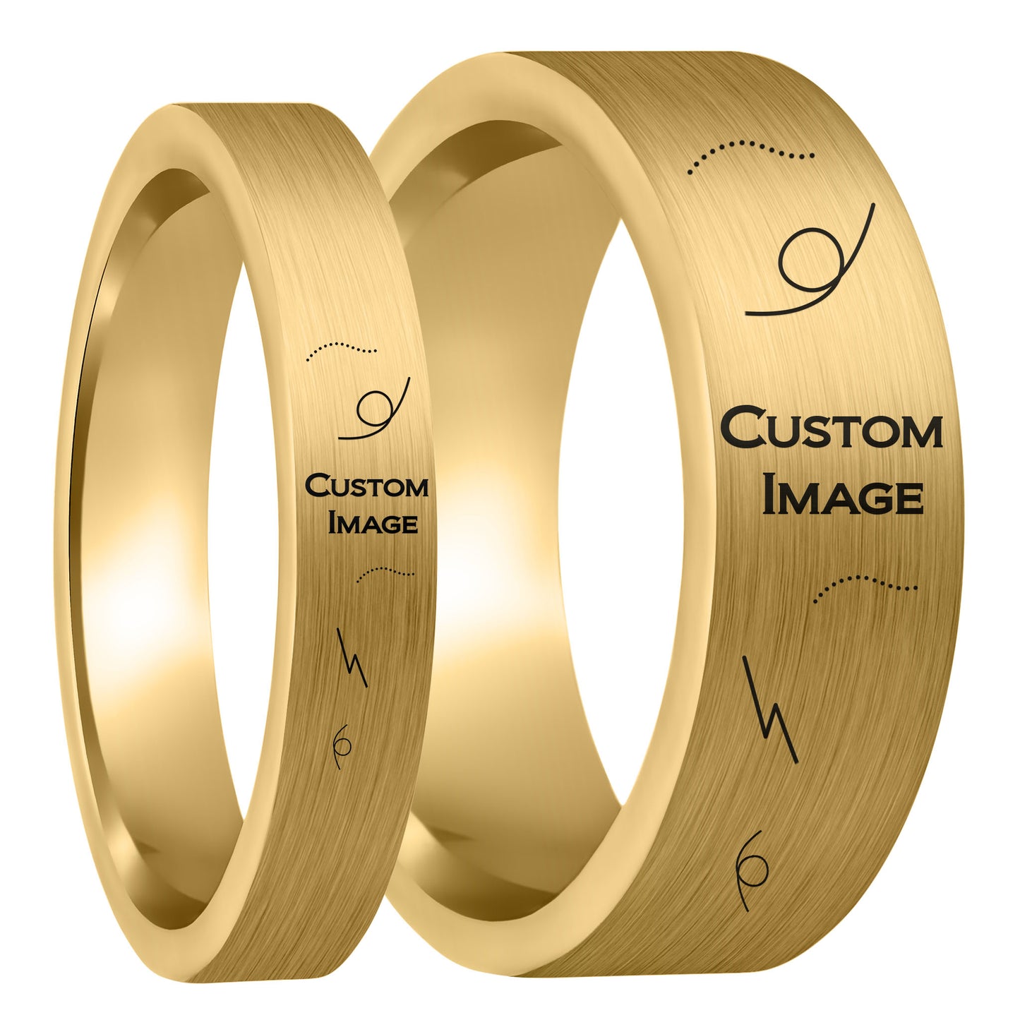 Custom Image Engraved Brushed Gold Tungsten Couple's Matching Ring Set