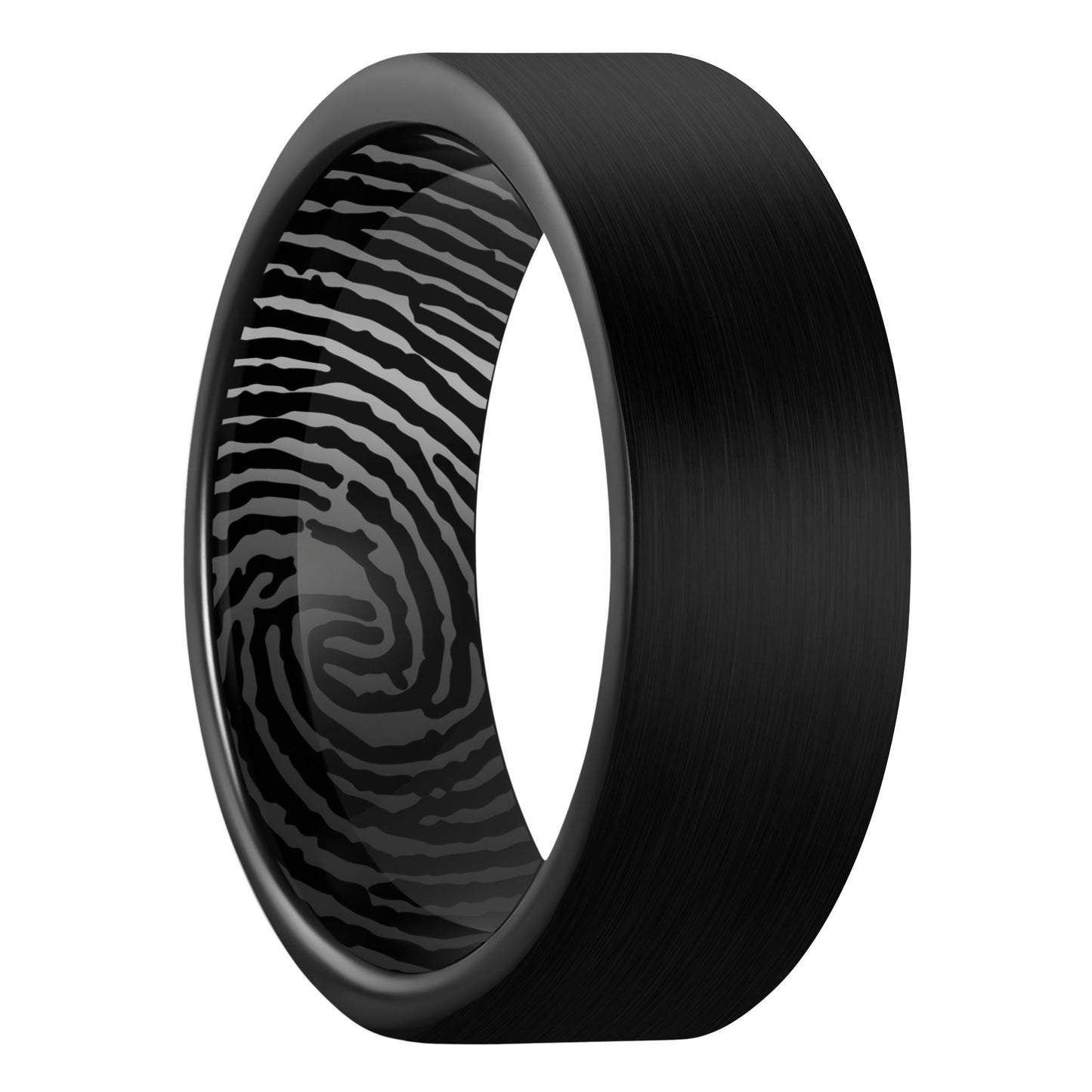 A custom inside fingerprint brushed black tungsten men's wedding band displayed on a plain white background.