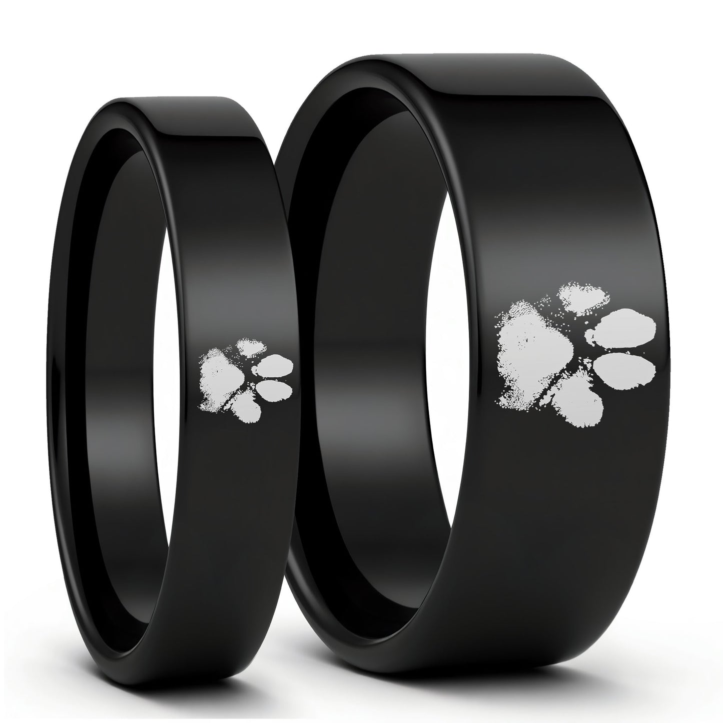 Ensemble de bagues assorties pour couple en tungstène noir, impression de patte personnalisée