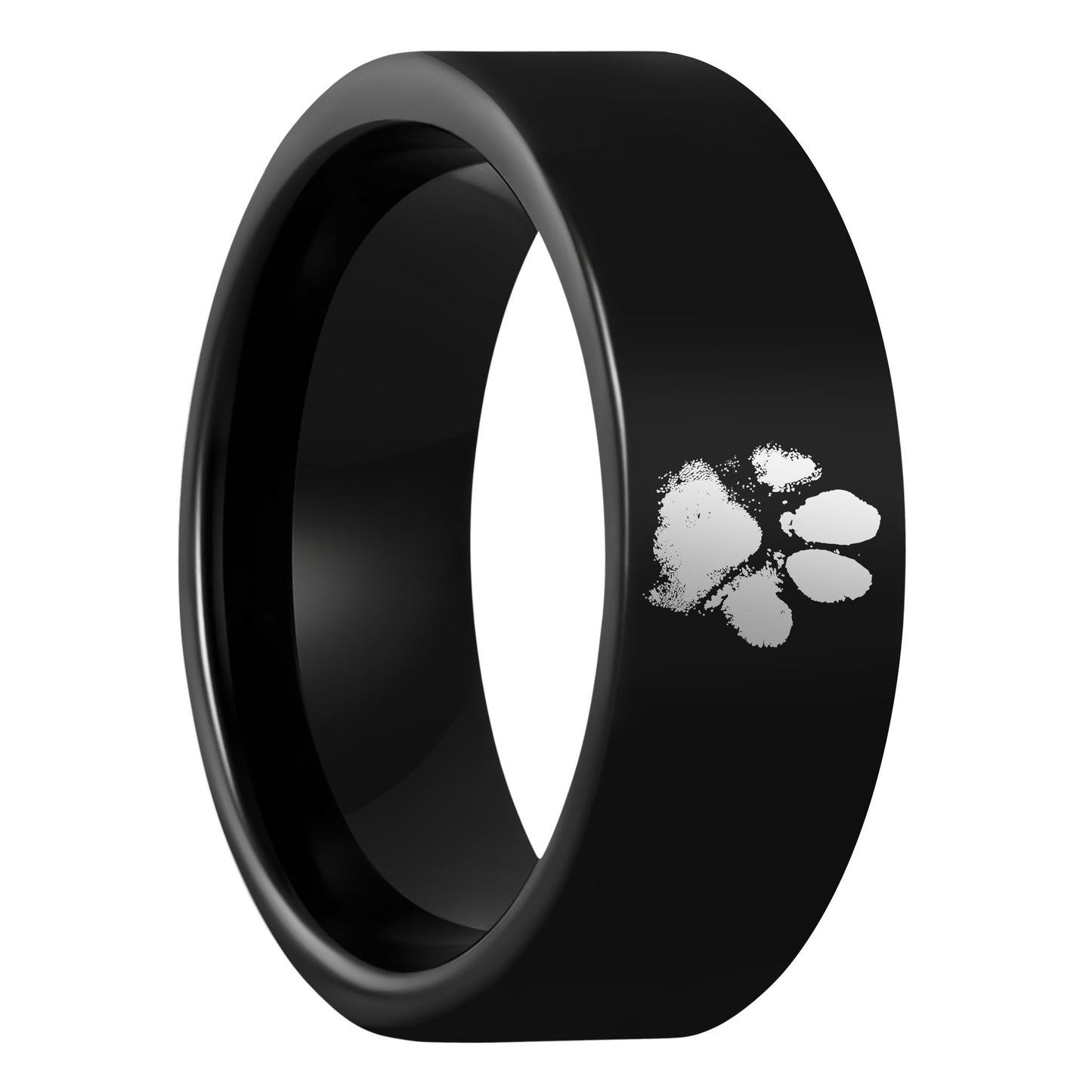One Custom Paw Print Black Tungsten Men's Wedding Band displayed on a plain white background