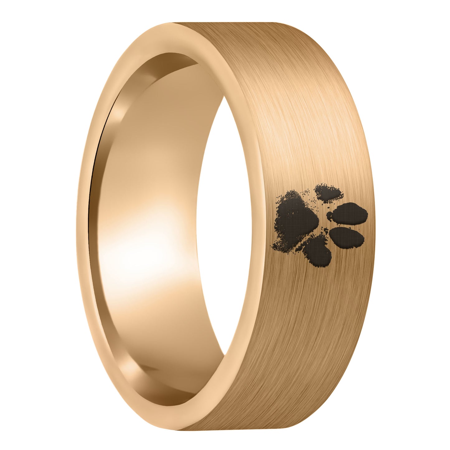 A custom paw print brushed rose gold tungsten men's wedding band displayed on a plain white background.