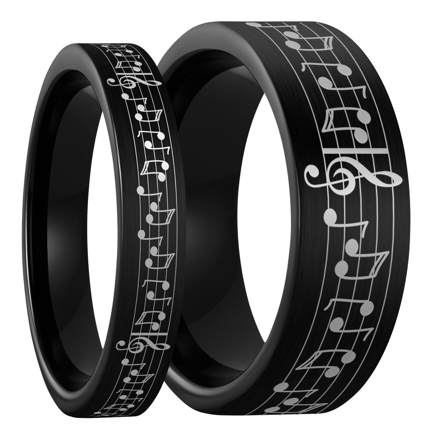 Custom Song Music Notes Brushed Black Tungsten Couple's Matching Ring Set