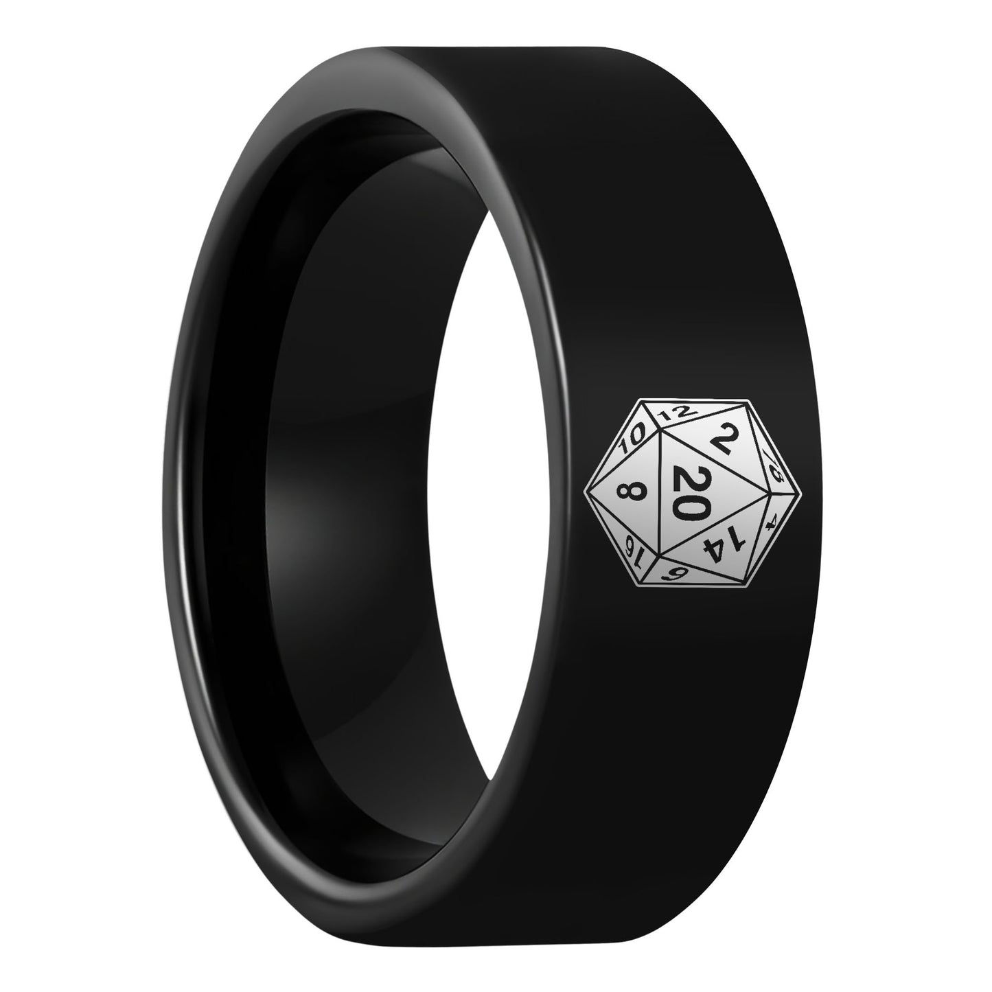One D20 Black Tungsten Men's Wedding Band displayed on a plain white background
