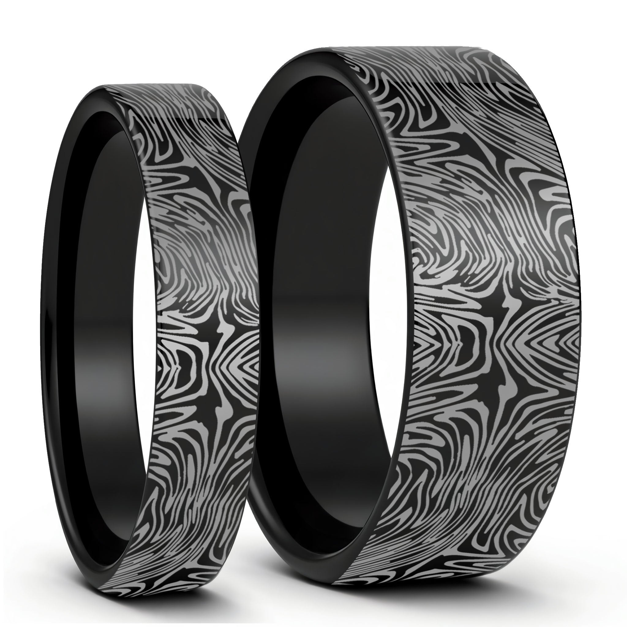 Damascus Steel Pattern Engraved Black Tungsten Couple's Matching Ring Set Damascus Steel Pattern Engraved Black Tungsten Couple's Matching Ring Set