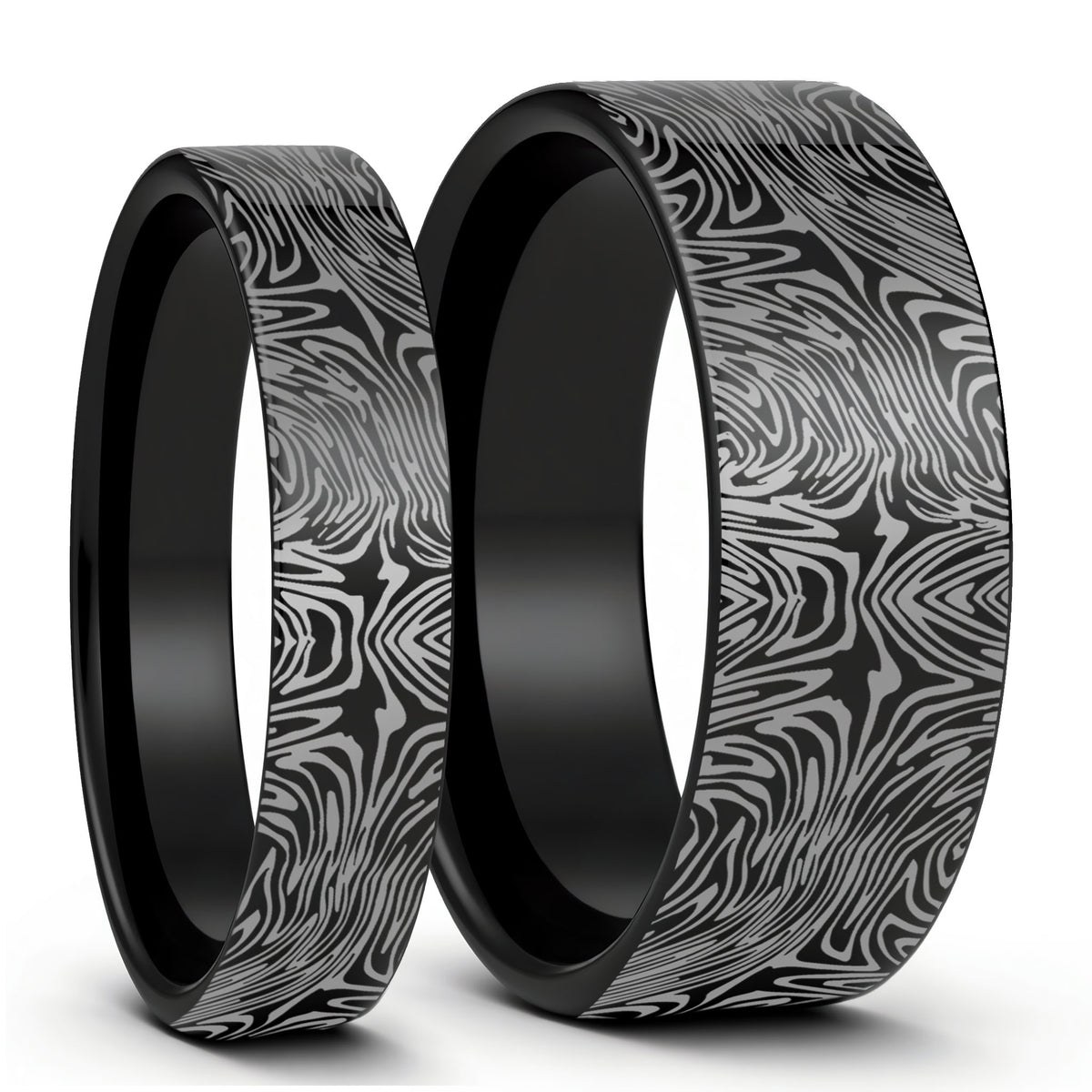 Damascus Steel Pattern Engraved Brushed Black Tungsten Couple's Matching Wedding Band Set