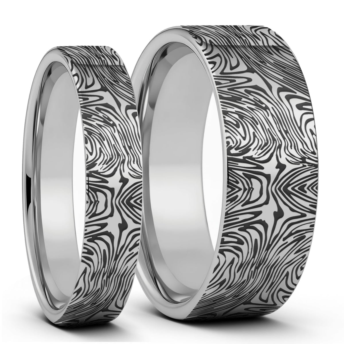 Damascus Steel Pattern Engraved Tungsten Couple's Matching Wedding Band Set