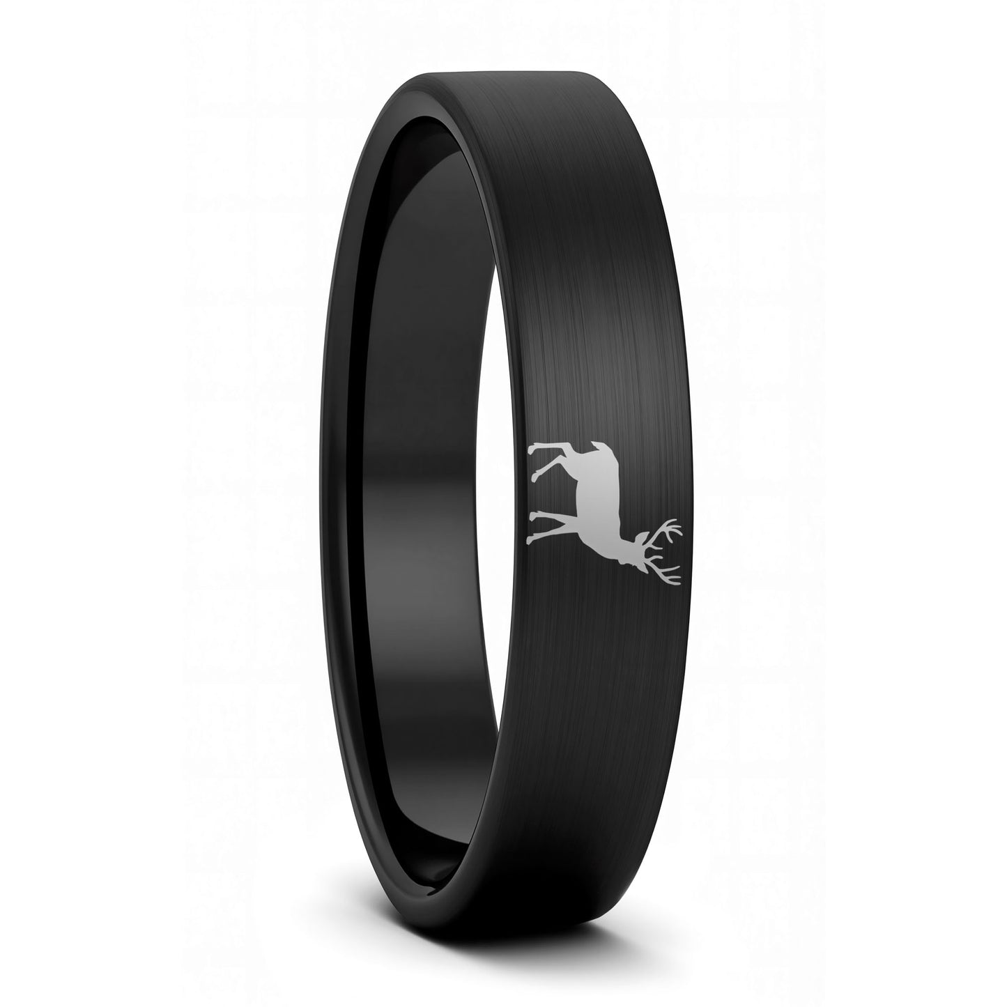 A deer brushed black tungsten women's wedding band displayed on a plain white background.