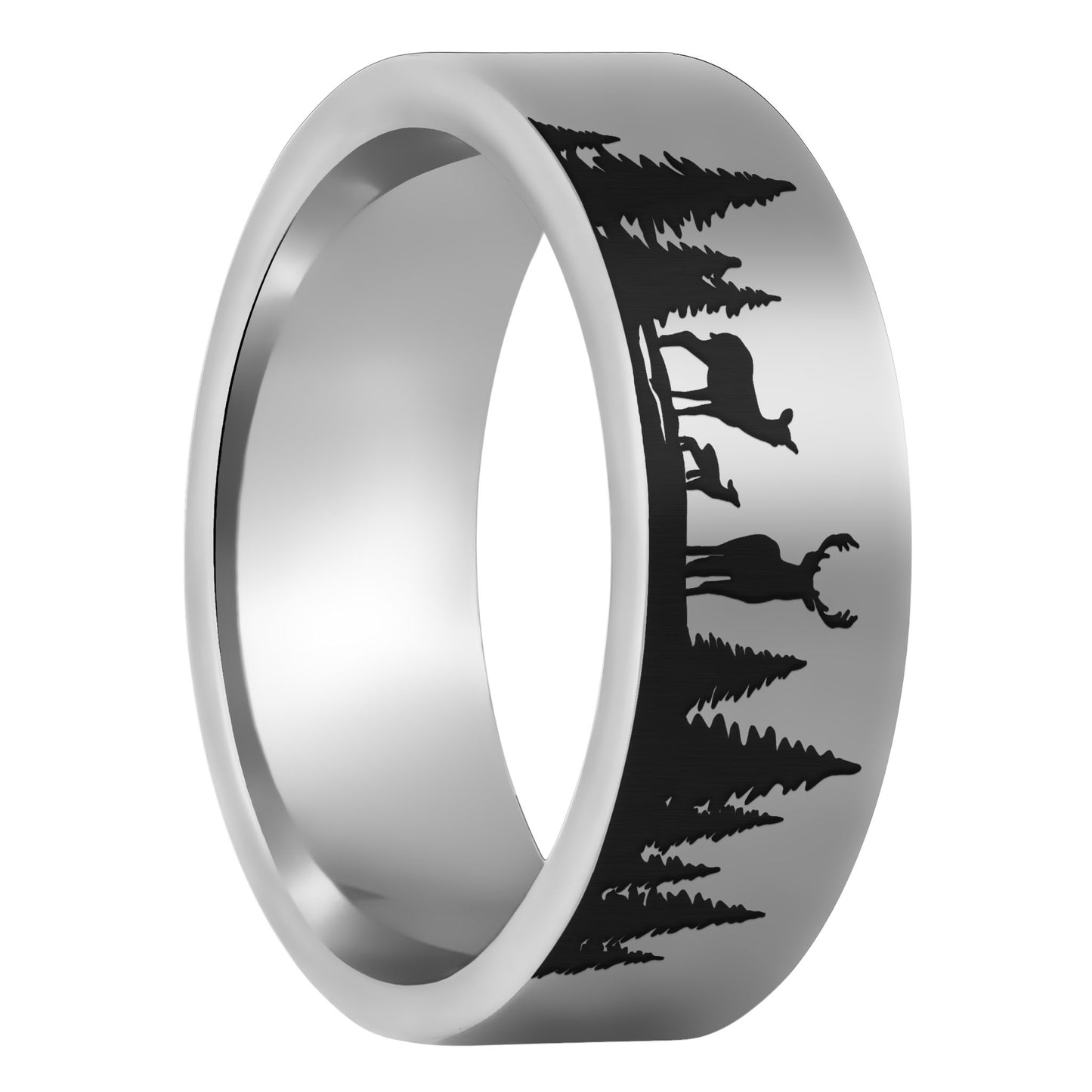 A tungsten men's wedding band with an engraved deer and landscape scene.