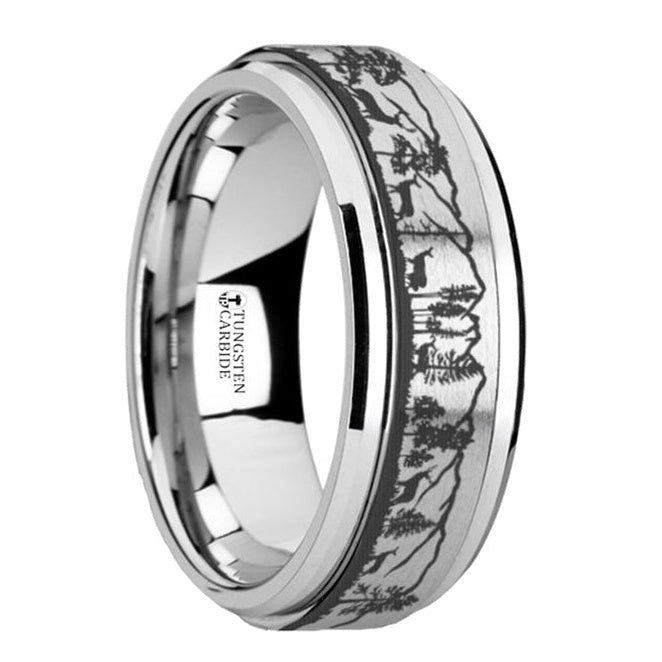 Deer & Mountain Range Engraved Spinner Tungsten Wedding Band