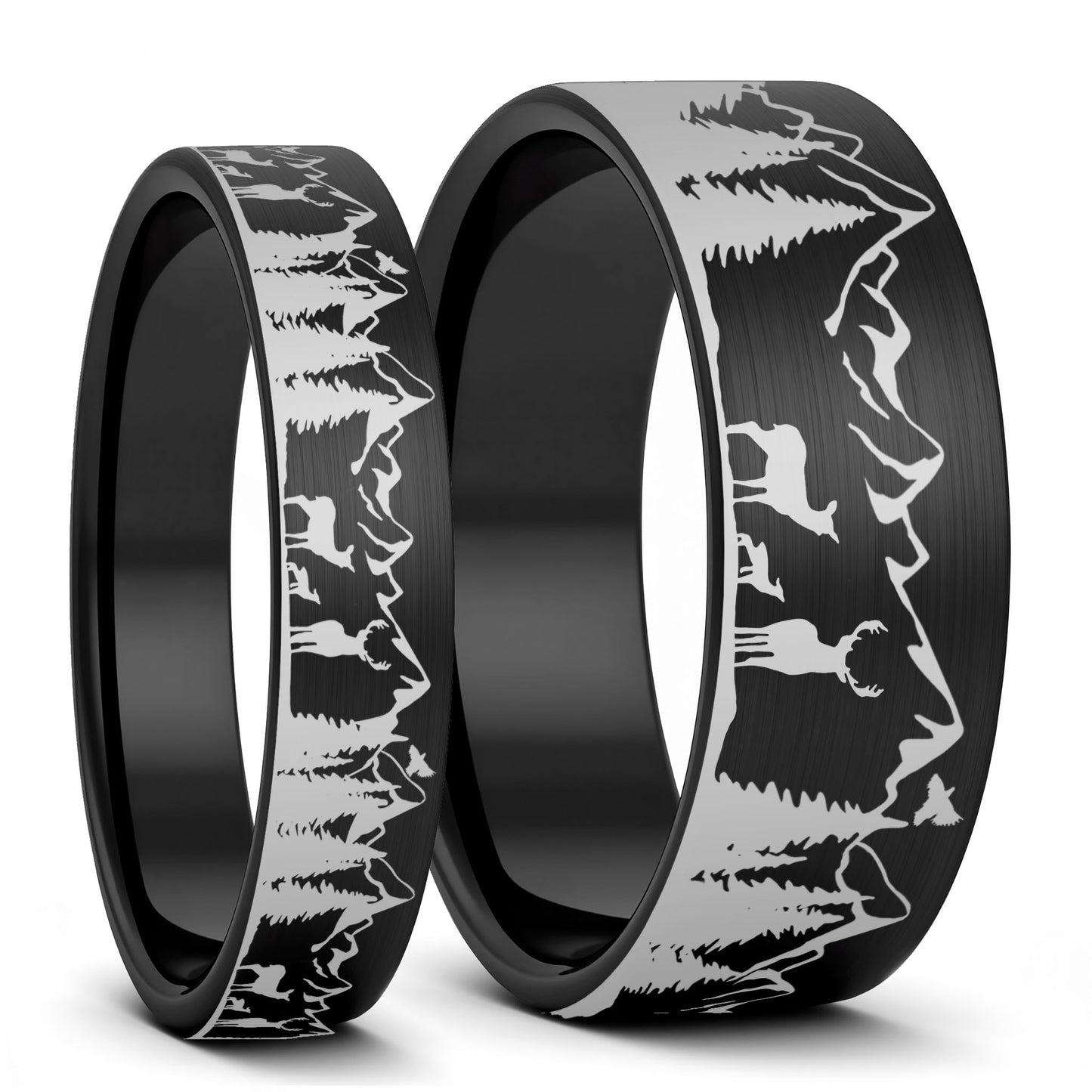 Deer & Mountain Range Brushed Black Tungsten Couple's Matching Wedding Band Set