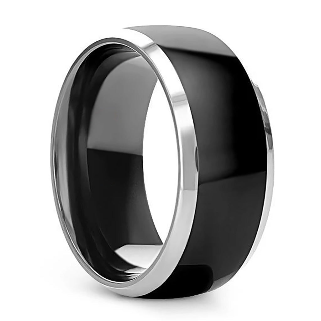 Domed Black Tungsten Wedding Band with Contrasting Silver Edges