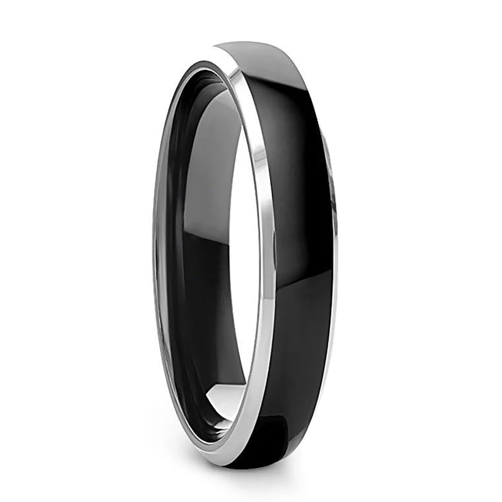 Black Tungsten Domed Couple's Matching Wedding Band Set with Contrasting Silver Edges