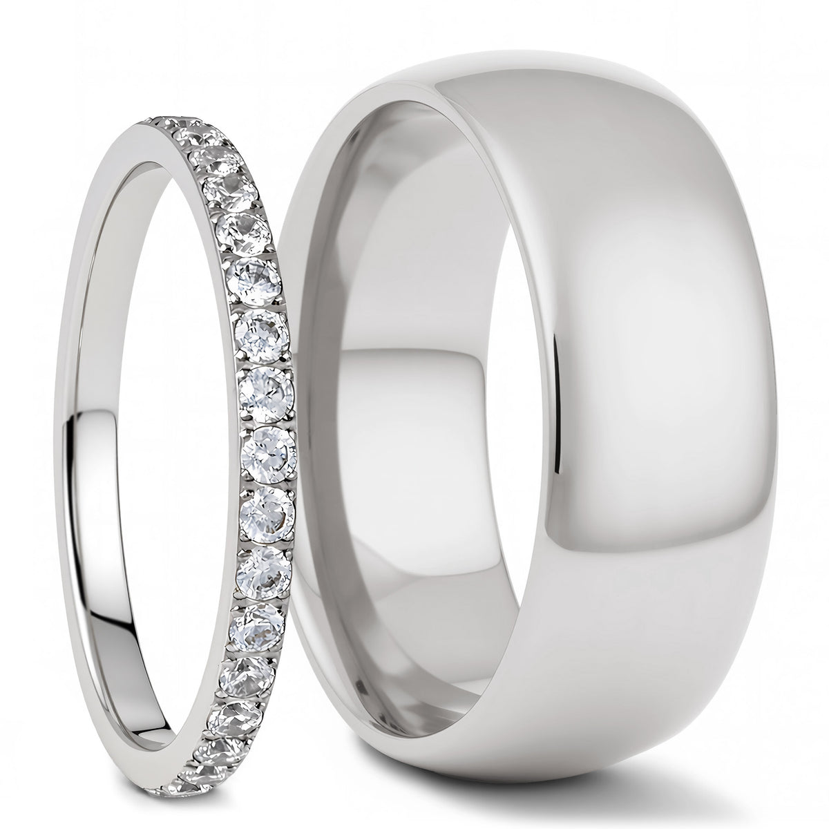 Domed Titanium & Cubic Zirconia Couple's Wedding Band Set
