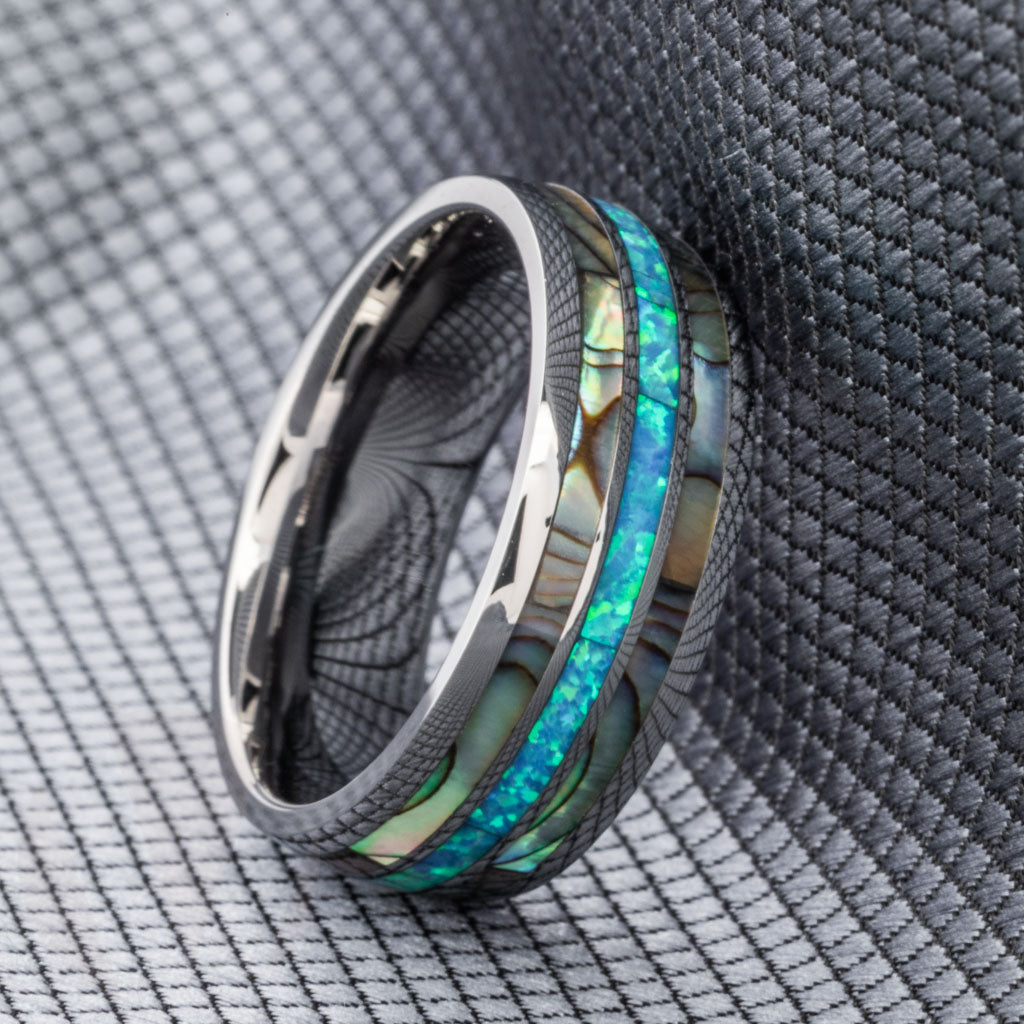 Abalone & Blue Opal Inlay Tungsten Men's Wedding Band