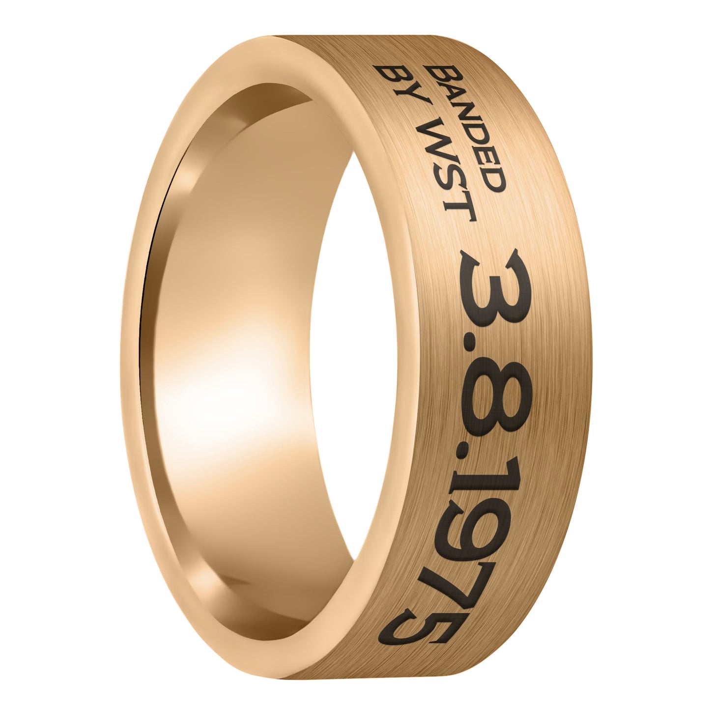 A duck band style custom engraved brushed rose gold tungsten men's wedding band displayed on a plain white background.