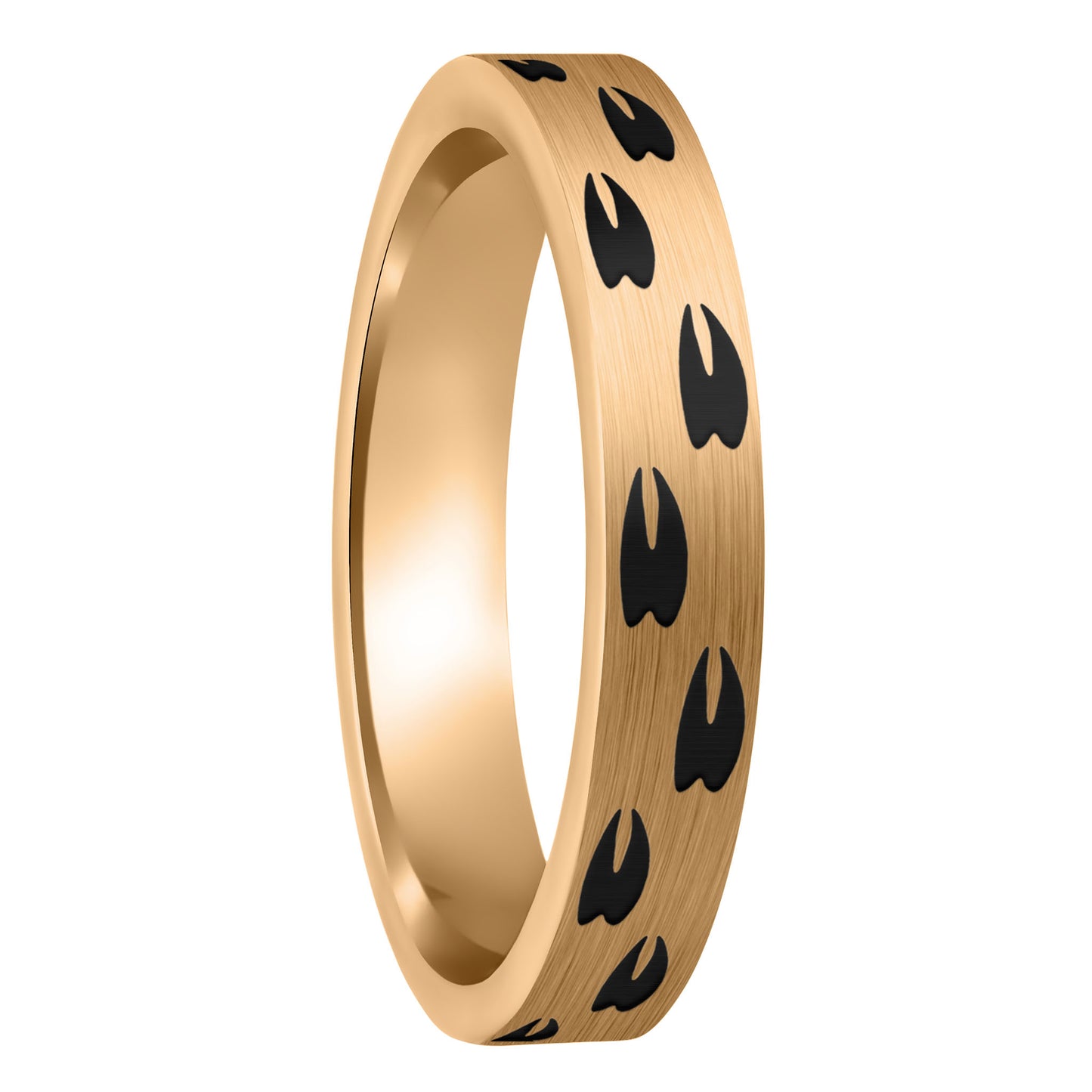 A elk tracks brushed rose gold tungsten women's wedding band displayed on a plain white background.